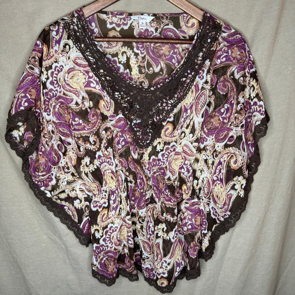 Candies Y2K  Paisley Crochet Lace Elastic Waist Boho Blouse M Poncho Whimsy